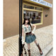 Fabric Pig Butterfly Illustrated Off-White Hollow Knitted Blouse Women's Summer Suspender Denim Pleated Skirt Set ສາມຊິ້ນ