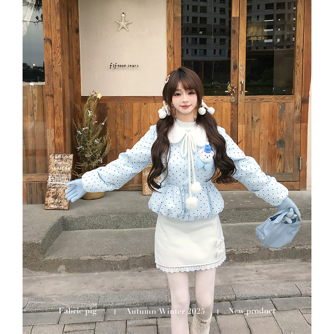 织物猪 奶泡甜心 奶蓝色波点棉服外套女小个子短款超好看甜美棉衣,淘宝优惠券,粉丝福利购,淘宝优惠卷