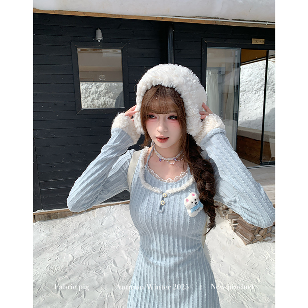 织物猪 夹心泡芙 甜欲风蓝色针织长袖连衣裙女秋冬穿搭毛衣短裙子,淘宝优惠券,粉丝福利购,淘宝优惠卷