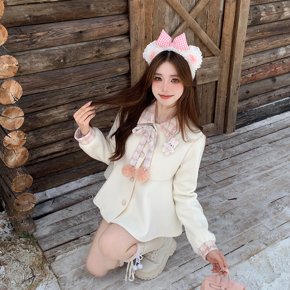 织物猪 奶盐小兔 粉杏色翻领外套女秋冬毛呢套装格子半身裙两件套,淘宝优惠券,粉丝福利购,淘宝优惠卷