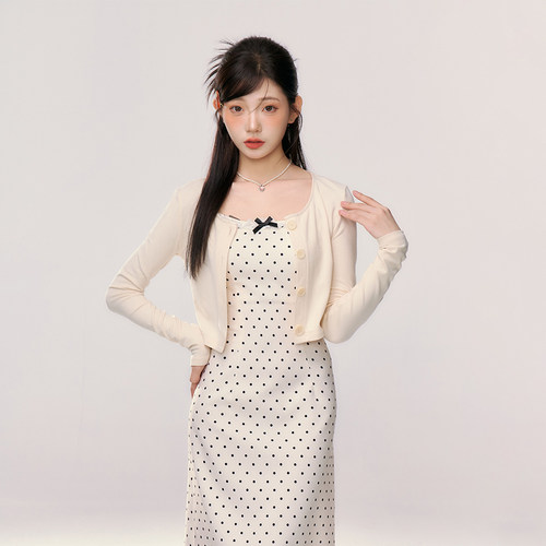 织物猪 波波奶茶 波点吊带连衣裙套装女夏季独特绝美漂亮短裙子 - 图2