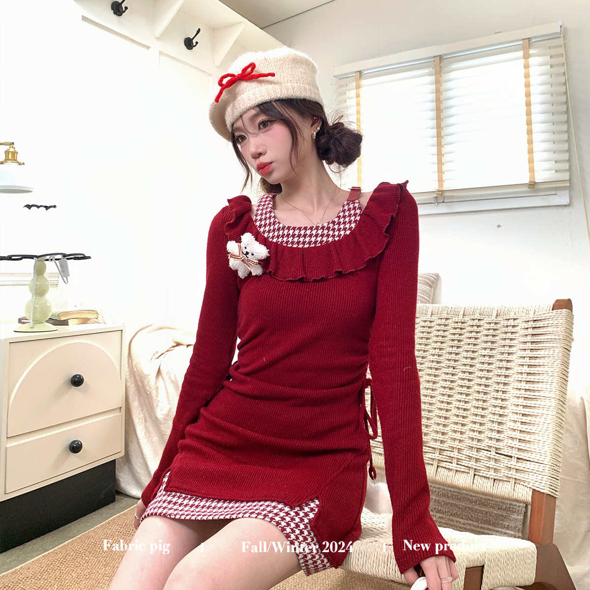 织物猪 圣诞初雪 甜欲风红色连衣裙女冬季新年穿搭露肩针织短裙子,淘宝优惠券,粉丝福利购,淘宝优惠卷