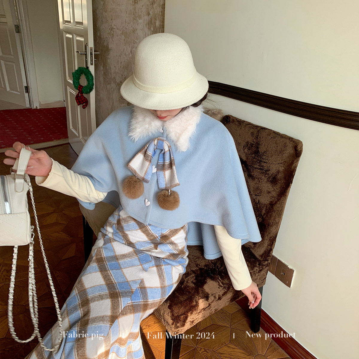 织物猪 冬日恋曲 千金风斗篷披肩外套女秋冬显瘦格纹鱼尾半身裙,淘宝优惠券,粉丝福利购,淘宝优惠卷