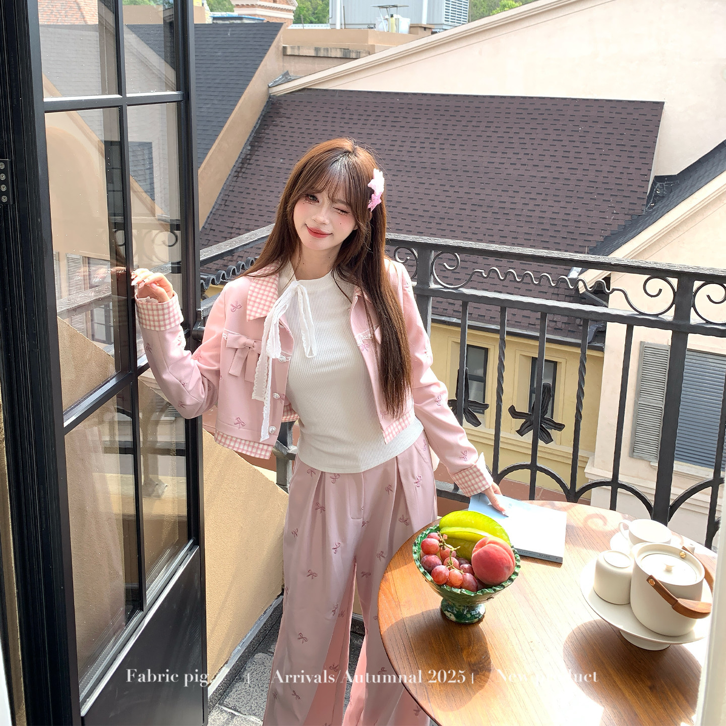 织物猪 巴黎甜心 甜美风粉色休闲套装女春季短款外套高腰阔腿长裤,淘宝优惠券,粉丝福利购,淘宝优惠卷