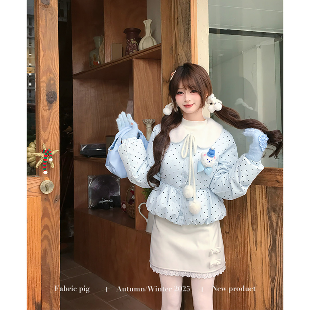 织物猪 奶泡甜心 奶蓝色波点棉服外套女小个子短款超好看甜美棉衣,淘宝优惠券,粉丝福利购,淘宝优惠卷