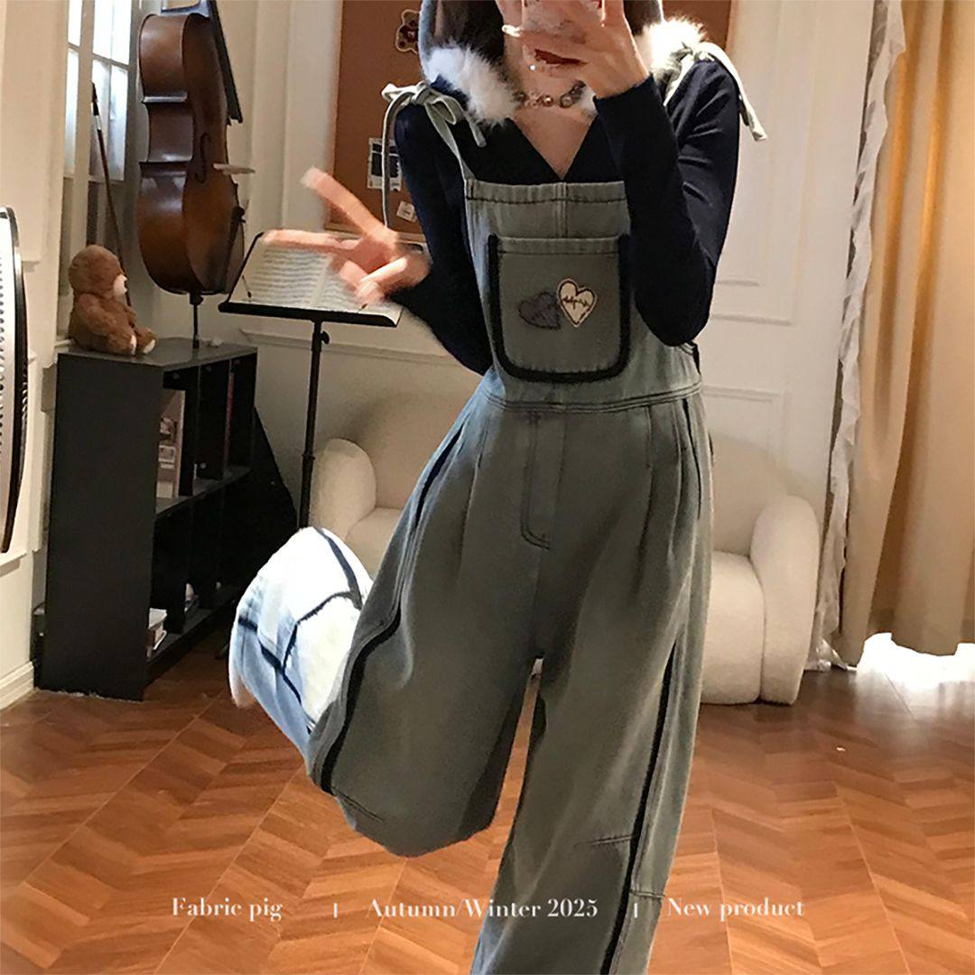 织物猪 软萌熊崽 韩系甜酷风口袋连体背带裤女秋冬牛仔长裤子,淘宝优惠券,粉丝福利购,淘宝优惠卷