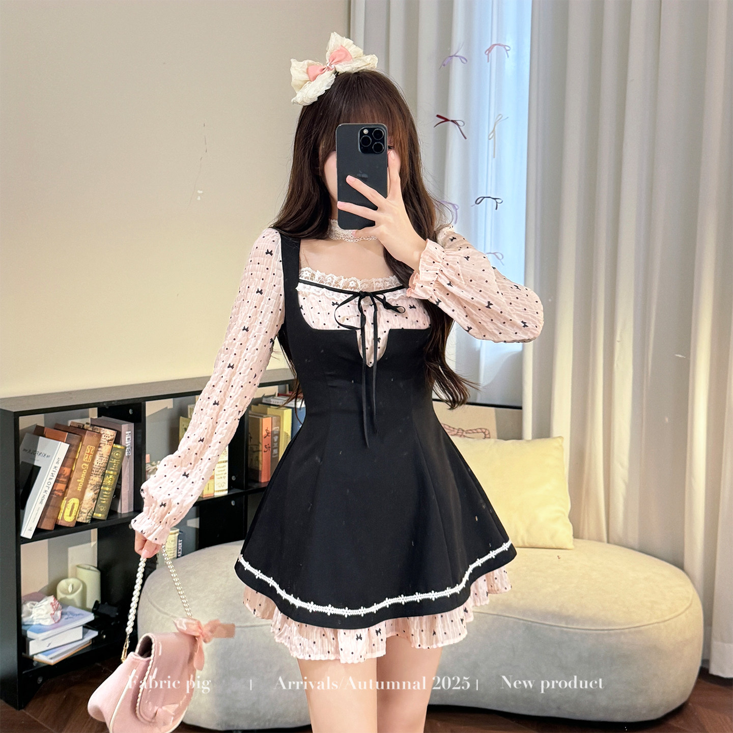 织物猪 甜莓公主 甜美风假两件拼接连衣裙女秋蝴蝶结印花波点短裙