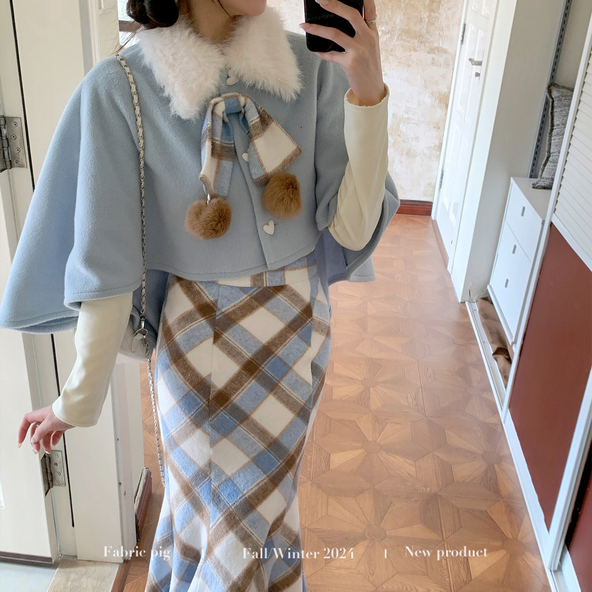 织物猪 冬日恋曲 千金风斗篷披肩外套女秋冬显瘦格纹鱼尾半身裙,淘宝优惠券,粉丝福利购,淘宝优惠卷