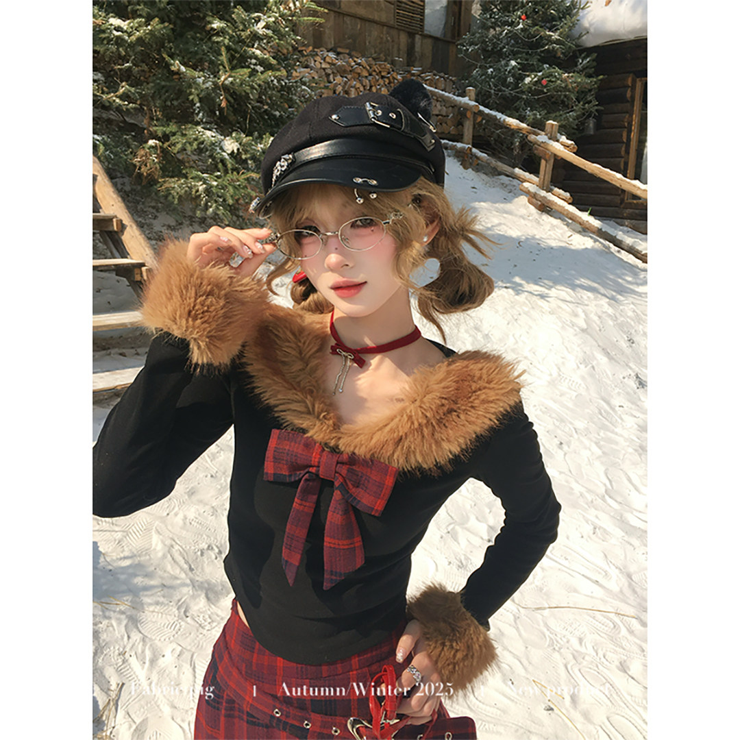 织物猪 莓果丝绒 甜酷风黑红色格纹半身裙套装女冬毛领上衣两件套,淘宝优惠券,粉丝福利购,淘宝优惠卷