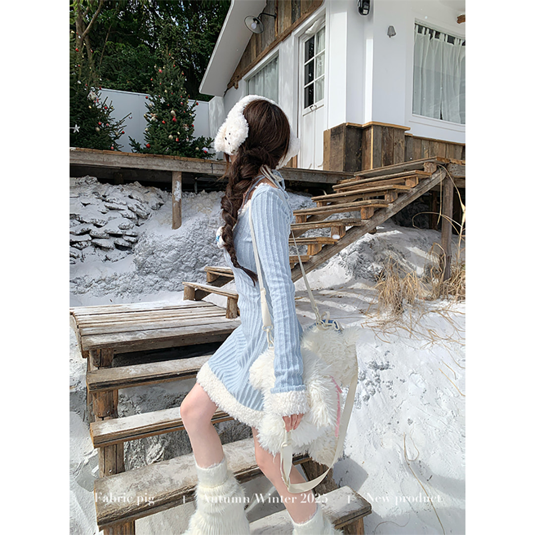 织物猪 夹心泡芙 甜欲风蓝色针织长袖连衣裙女秋冬穿搭毛衣短裙子,淘宝优惠券,粉丝福利购,淘宝优惠卷