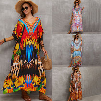 New European Beauty Cotton positioning printed hood Shirt seaside Holiday Long dress Loose Bikini Swimsuit Long Gown Outside