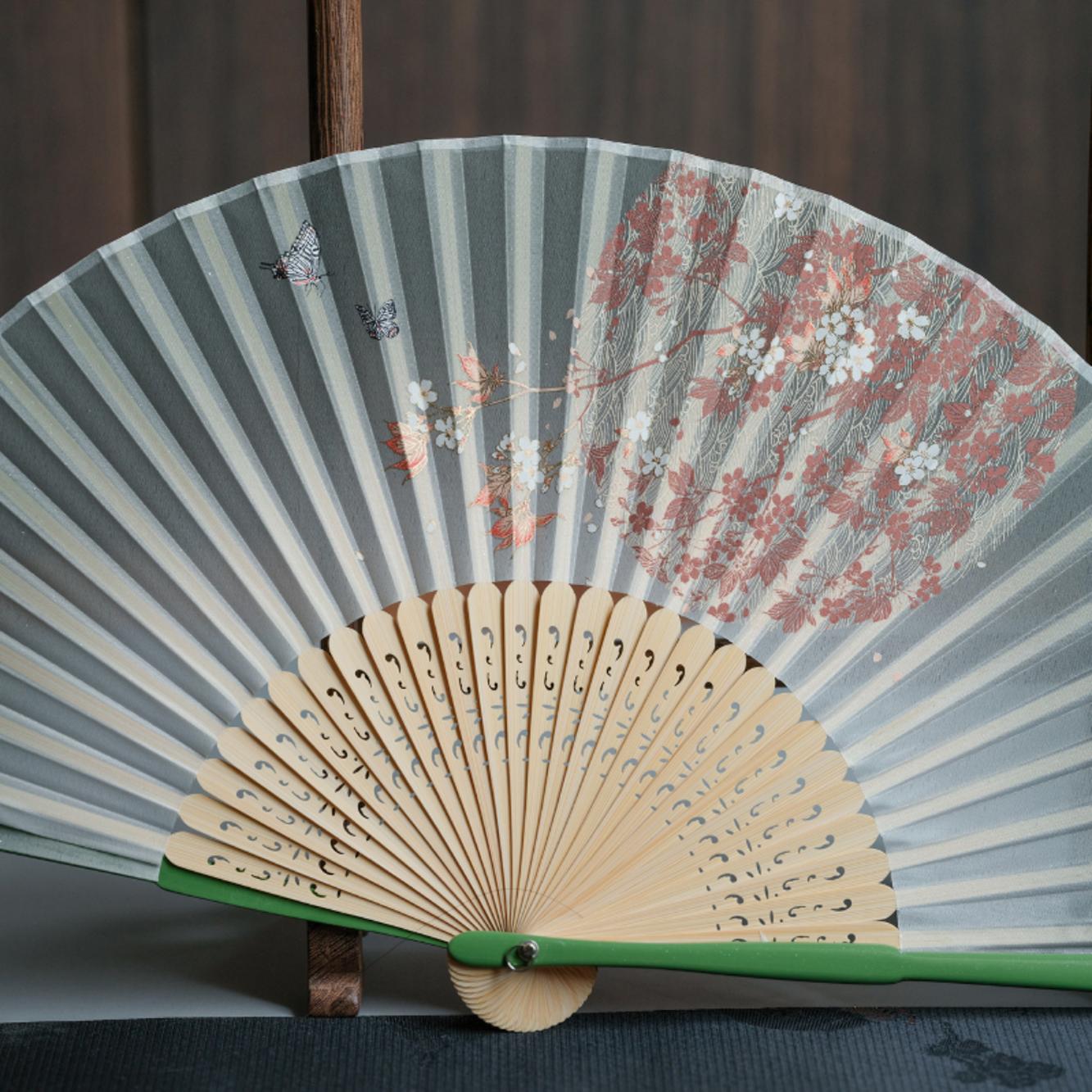 墨雨阁「向露」原创古风绿色渐变烫金折扇子流苏汉服旗袍七夕礼物 - 图1