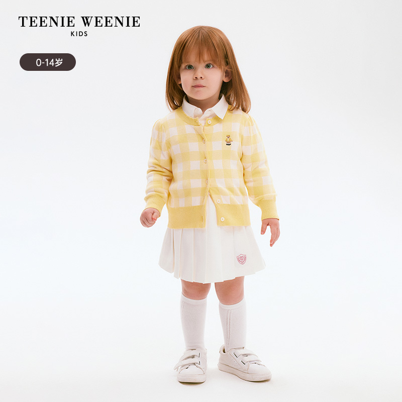 TeenieWeenie Kids小熊童装24年春新款女童宝宝圆领格纹毛衣开衫