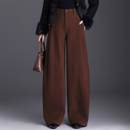 秋冬毛呢阔腿裤梨形报恩裤新款女士裤子宽松bf弯刀裤长裤休闲女裤 - 图1