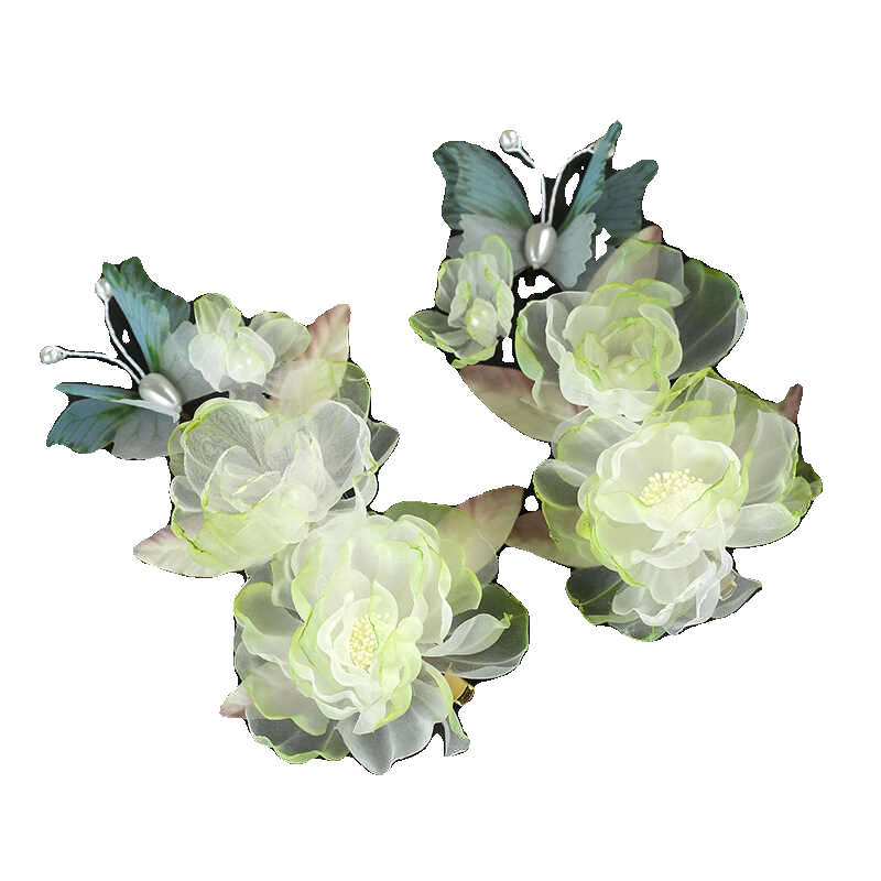 手工娟纱烫花古风发夹牡丹芍药汉服边夹头饰唐风花朵渐变绿色对夹