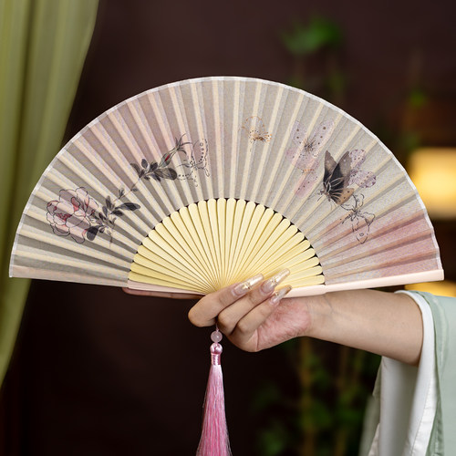 25新款折扇古风小巧便携扇子女专用跳舞扇走秀旗袍绫绢印花扇定制 - 图0