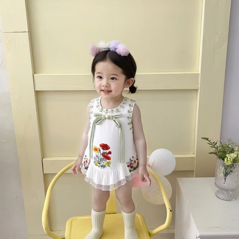婴儿衣服夏季薄款连体衣女宝宝新中式国风刺绣周岁拍照礼服包屁衣 - 图0