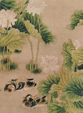 仿古玩收藏古董国画名家字画中堂画横幅四条屏客厅装饰画荷花鸳鸯