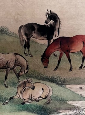 仿古玩收藏古董国画名家字画中堂画横幅四条屏客厅装饰画八骏图案