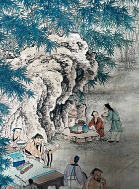 仿古玩收藏古董国画名家字画中堂画横幅四条屏客厅装饰画竹林七贤