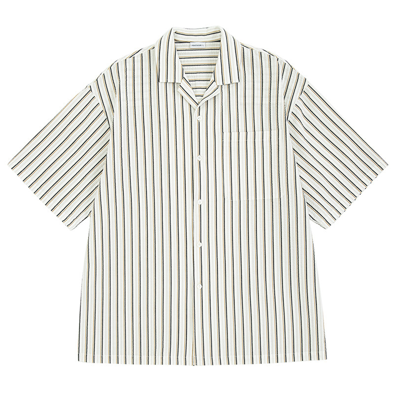 UrbanStandard日系条纹泡泡纱口袋衬衫男夏季宽松古巴领短袖衬衣,淘宝优惠券,粉丝福利购,淘宝优惠卷