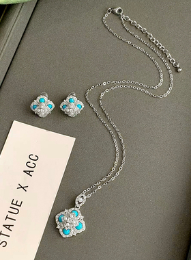 法式复古绿松石珍珠花朵耳钉纯银