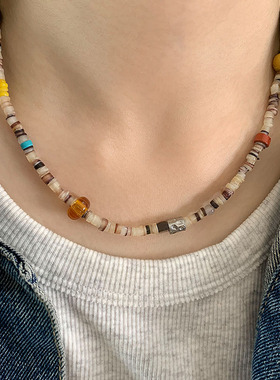 夏日新款天然石贝壳串珠项链女小众设计多巴胺锁骨链独特颈链配饰