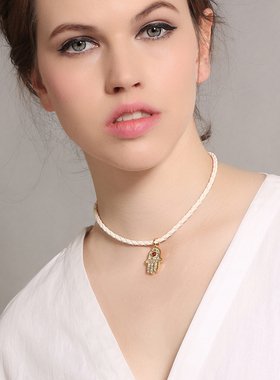 choker短款黑色皮革眼睛镶钻项链