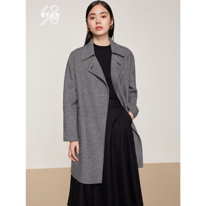 鄂尔多斯1980 春夏粗纺羊毛羊绒双面呢黑白格纹女大衣外套