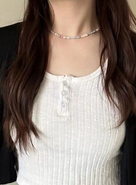 春夏清新粉蓝小众串珠项链气质百搭高级感锁骨链新款甜美颈链女