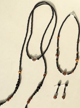 简约行星虎眼石黑玛瑙长款项链