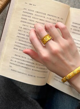 中古拉丝金色花朵戒指设计感复古宫廷风点钻宽面食指戒