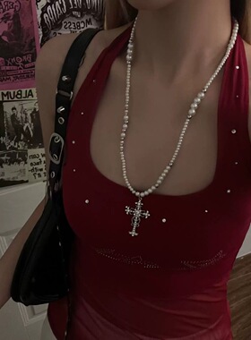 哥特朋克风叠戴珍珠十字架项链女颈链高级感轻奢小众锁骨链配饰