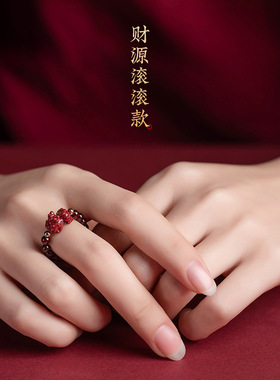 原矿朱砂珠戒指女 石榴石食指金貔貅指环尾小众设计戒指古风