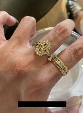 叠戴华丽重工金色排钻戒指爆闪老钱风食指戒高级感贵气