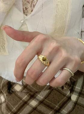 中古金色虎眼石拉丝戒指女复古高级感微镶锆石食指戒小众设计指环