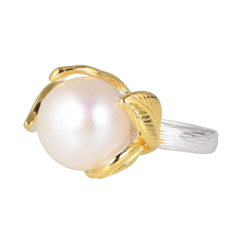 Chunfeng Sihan S925 silver plain silver gold-plated leaf inlaid with freshwater pearls elegant adjustment ring for women