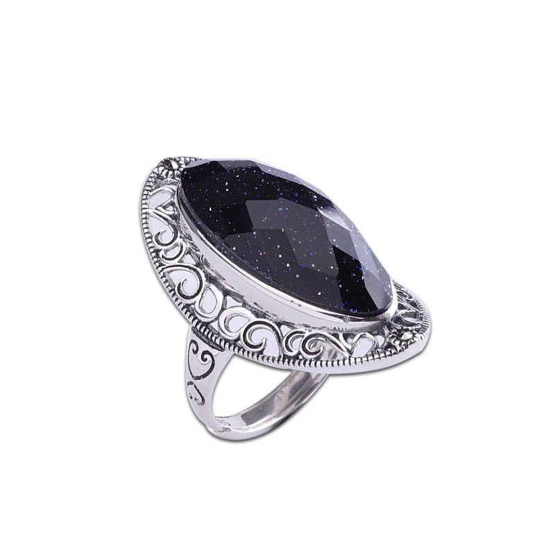 Chun Feng Si Han Literary Retro Distressed Thai Silver Handmade 925 Silver Jewelry Exaggerated Women's Faceted Blue Sandstone Ring