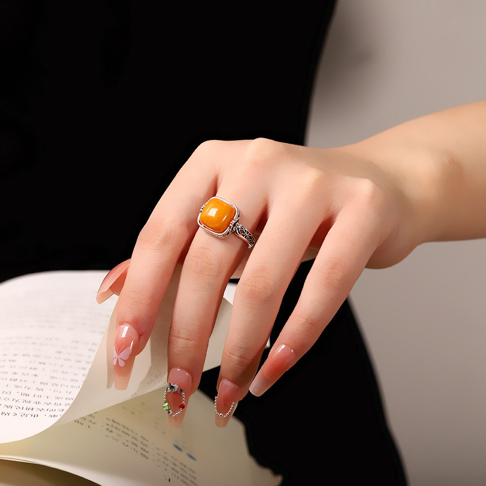 Chunfeng Sihan s925 silver aged Thai silver square beeswax ring women's niche design retro versatile open ring