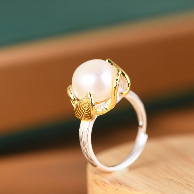 Chunfeng Sihan S925 silver plain silver gold-plated leaf inlaid with freshwater pearls elegant adjustment ring for women