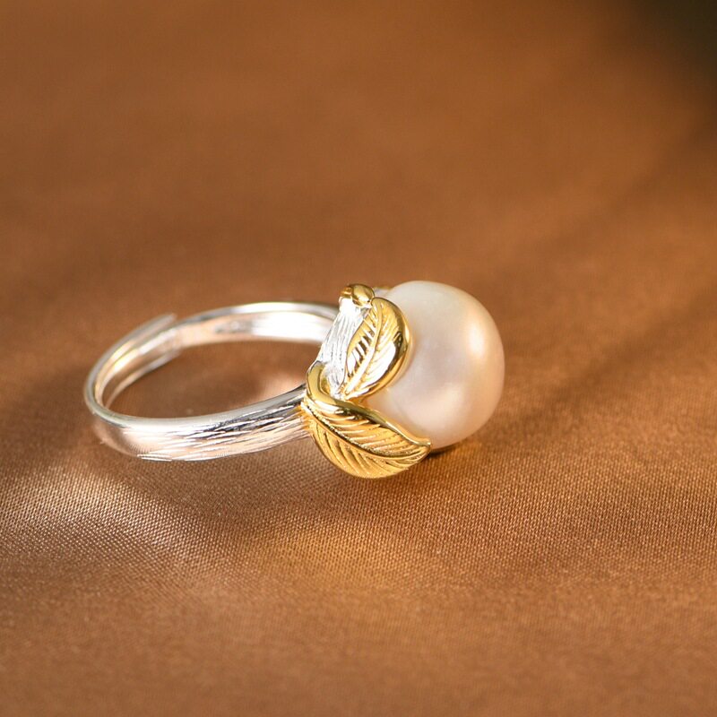 Chunfeng Sihan S925 silver plain silver gold-plated leaf inlaid with freshwater pearls elegant adjustment ring for women