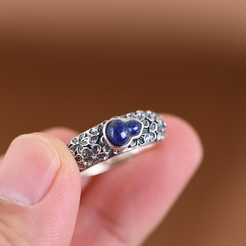 Chun Feng Si Han s925 silver ring simple literary fashion small floral inlaid agate lapis lazuli gourd women's ring