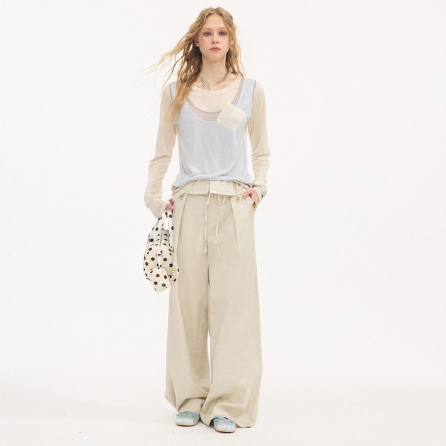 DIDDI MODA Striped Waist Natural Waist Straight Design Temperament Casual Pants Spring 2026