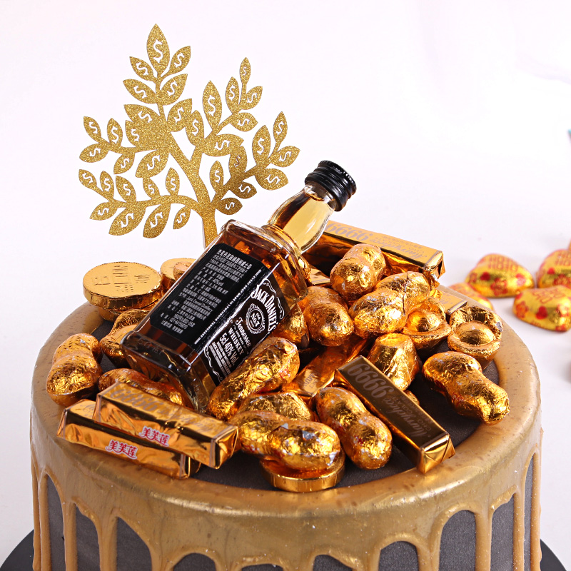 金币代可可脂巧克力蛋糕装饰元宝花生金条老人祝寿生日财神爷插件