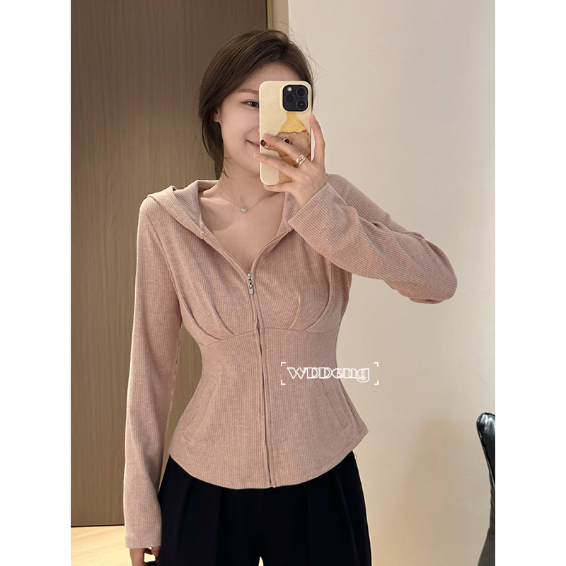 王等等微胖定制休闲派对2024春秋新款长袖连帽针织上衣束腰裤子 - 图0