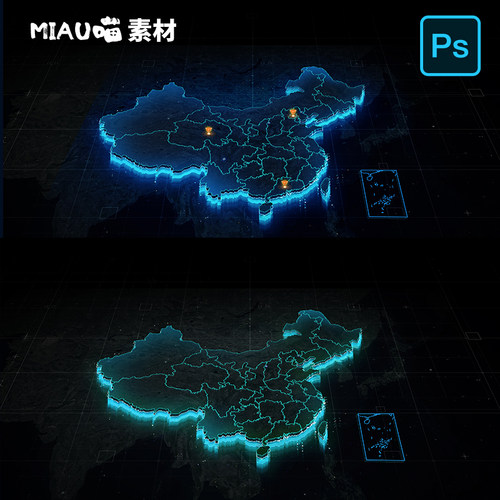 可视化大数据全国示意图地图3DMap蓝色绿色浅色PSD格式分层17套 - 图0