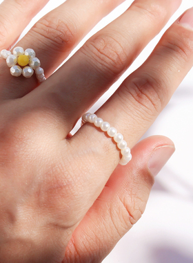 韩国小众手工编织珍珠戒指夏日清新可爱花朵叠戴指环三组套装V128