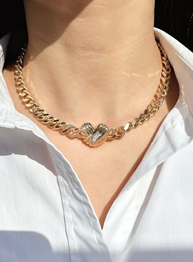 外贸饰品欧美风时髦闪钻爱心吊坠粗链条项链男女款叠戴蛇骨链381