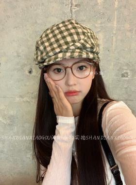 复古奶绿色格子贝雷帽子包头显脸小鸭舌前进帽潮女帽