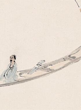 近现代名家傅抱f石泛舟行舟图斗方小幅诗意山水画微喷复制装饰画